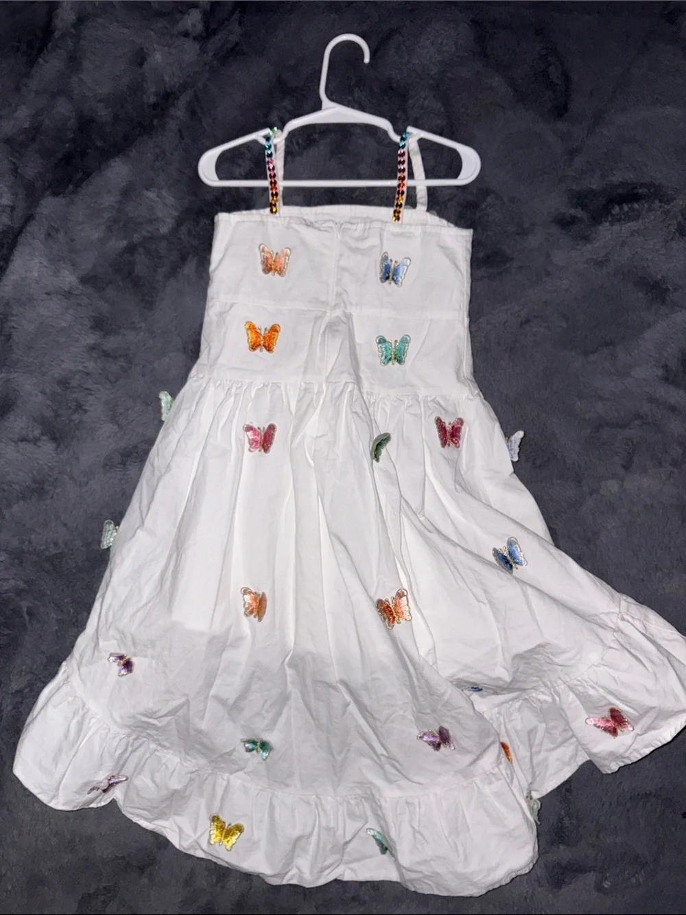 Lola + The Boys White Tiered Dress with Multicolor Butterfly Accents